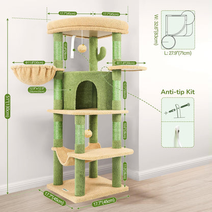 Cactus Corner Cat Tree Tower with Scratching Post for Indoor Cats, 51in Multi-Level Cat Condo Tower with Large Hammock, Fan-Shaped Padded Perch, Spacious Cat Cave, Hanging Basket, C51, Green