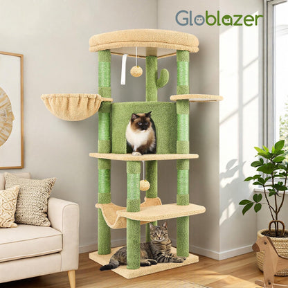 Cactus Corner Cat Tree Tower with Scratching Post for Indoor Cats, 51in Multi-Level Cat Condo Tower with Large Hammock, Fan-Shaped Padded Perch, Spacious Cat Cave, Hanging Basket, C51, Green