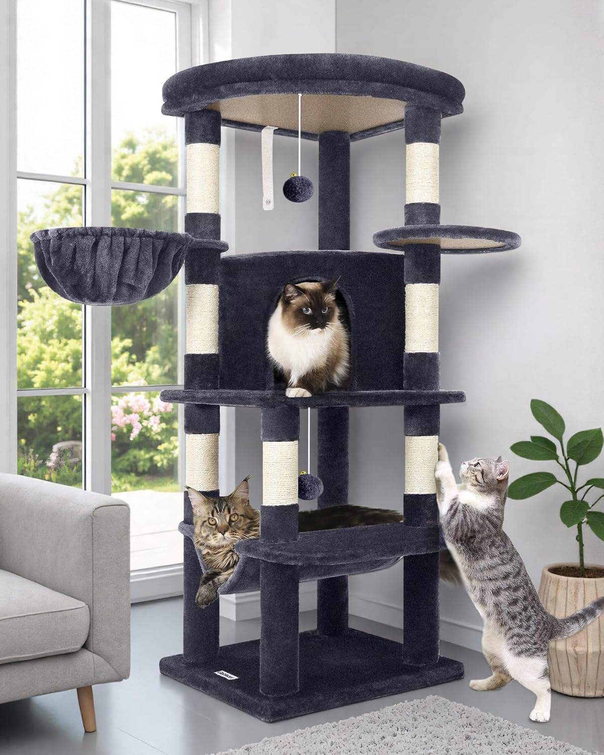 Cactus Corner Cat Tree Tower with Scratching Post for Indoor Cats, 51in Multi-Level Cat Condo Tower with Large Hammock, Fan-Shaped Padded Perch, Spacious Cat Cave, Hanging Basket, C51, Green