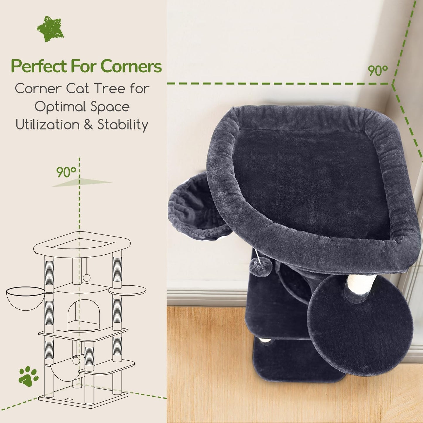 Cactus Corner Cat Tree Tower with Scratching Post for Indoor Cats, 51in Multi-Level Cat Condo Tower with Large Hammock, Fan-Shaped Padded Perch, Spacious Cat Cave, Hanging Basket, C51, Green