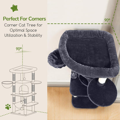 Cactus Corner Cat Tree Tower with Scratching Post for Indoor Cats, 51in Multi-Level Cat Condo Tower with Large Hammock, Fan-Shaped Padded Perch, Spacious Cat Cave, Hanging Basket, C51, Green