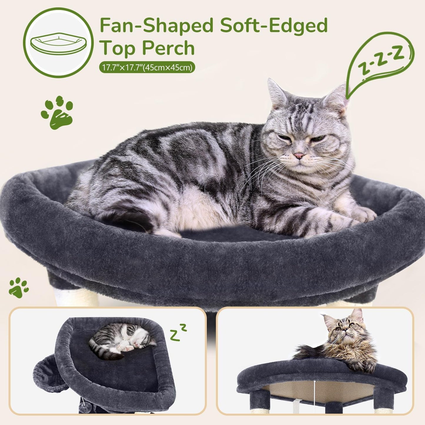 Cactus Corner Cat Tree Tower with Scratching Post for Indoor Cats, 51in Multi-Level Cat Condo Tower with Large Hammock, Fan-Shaped Padded Perch, Spacious Cat Cave, Hanging Basket, C51, Green