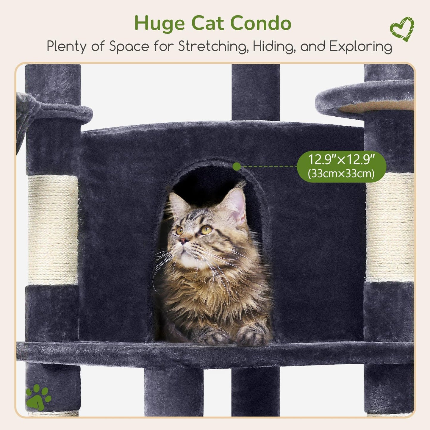 Cactus Corner Cat Tree Tower with Scratching Post for Indoor Cats, 51in Multi-Level Cat Condo Tower with Large Hammock, Fan-Shaped Padded Perch, Spacious Cat Cave, Hanging Basket, C51, Green