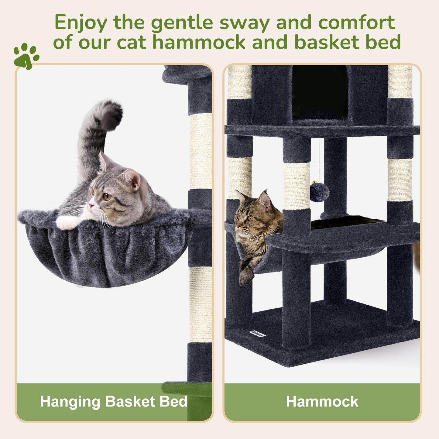 Cactus Corner Cat Tree Tower with Scratching Post for Indoor Cats, 51in Multi-Level Cat Condo Tower with Large Hammock, Fan-Shaped Padded Perch, Spacious Cat Cave, Hanging Basket, C51, Green