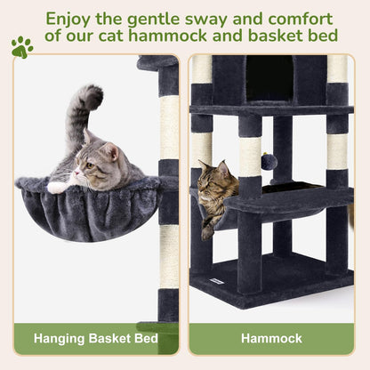 Cactus Corner Cat Tree Tower with Scratching Post for Indoor Cats, 51in Multi-Level Cat Condo Tower with Large Hammock, Fan-Shaped Padded Perch, Spacious Cat Cave, Hanging Basket, C51, Green