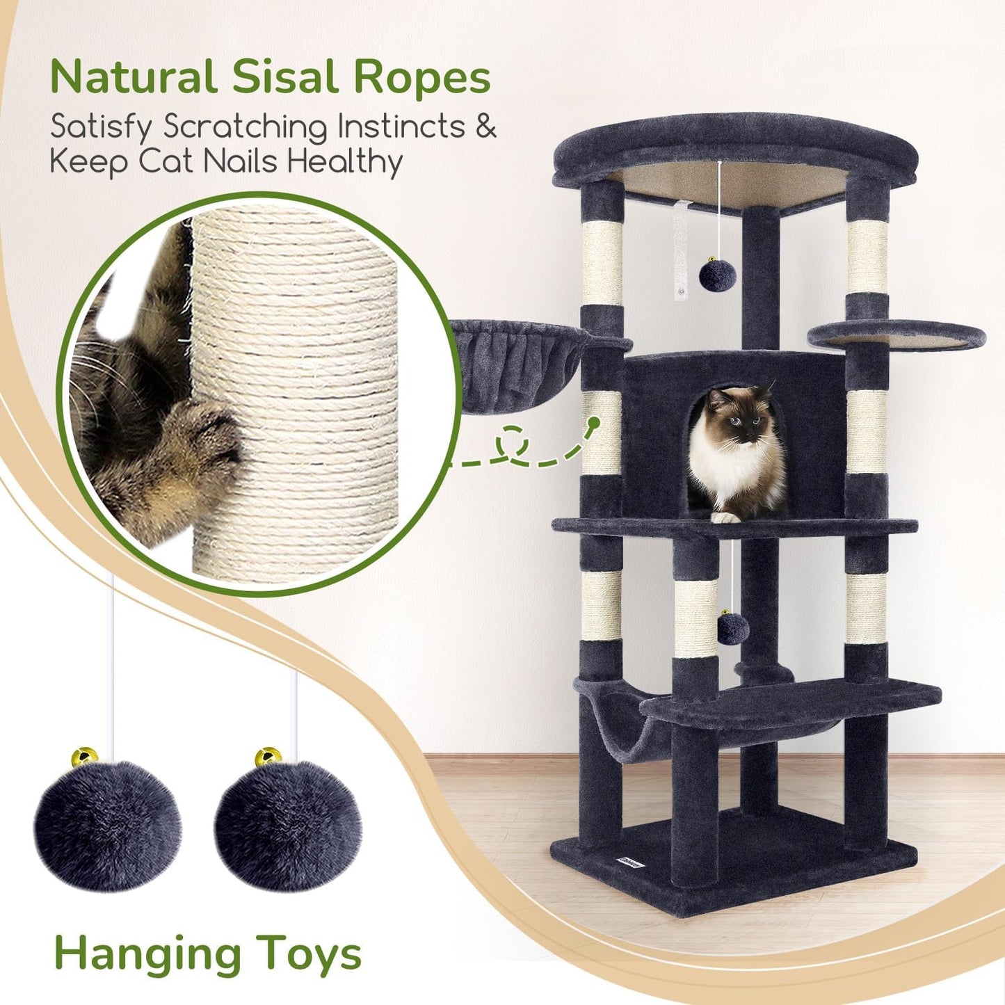 Cactus Corner Cat Tree Tower with Scratching Post for Indoor Cats, 51in Multi-Level Cat Condo Tower with Large Hammock, Fan-Shaped Padded Perch, Spacious Cat Cave, Hanging Basket, C51, Green
