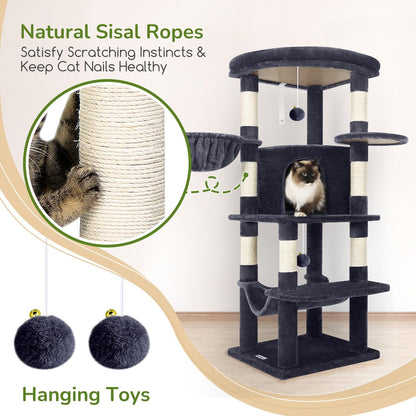 Cactus Corner Cat Tree Tower with Scratching Post for Indoor Cats, 51in Multi-Level Cat Condo Tower with Large Hammock, Fan-Shaped Padded Perch, Spacious Cat Cave, Hanging Basket, C51, Green