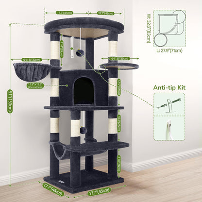 Cactus Corner Cat Tree Tower with Scratching Post for Indoor Cats, 51in Multi-Level Cat Condo Tower with Large Hammock, Fan-Shaped Padded Perch, Spacious Cat Cave, Hanging Basket, C51, Green