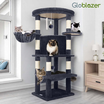 Cactus Corner Cat Tree Tower with Scratching Post for Indoor Cats, 51in Multi-Level Cat Condo Tower with Large Hammock, Fan-Shaped Padded Perch, Spacious Cat Cave, Hanging Basket, C51, Green