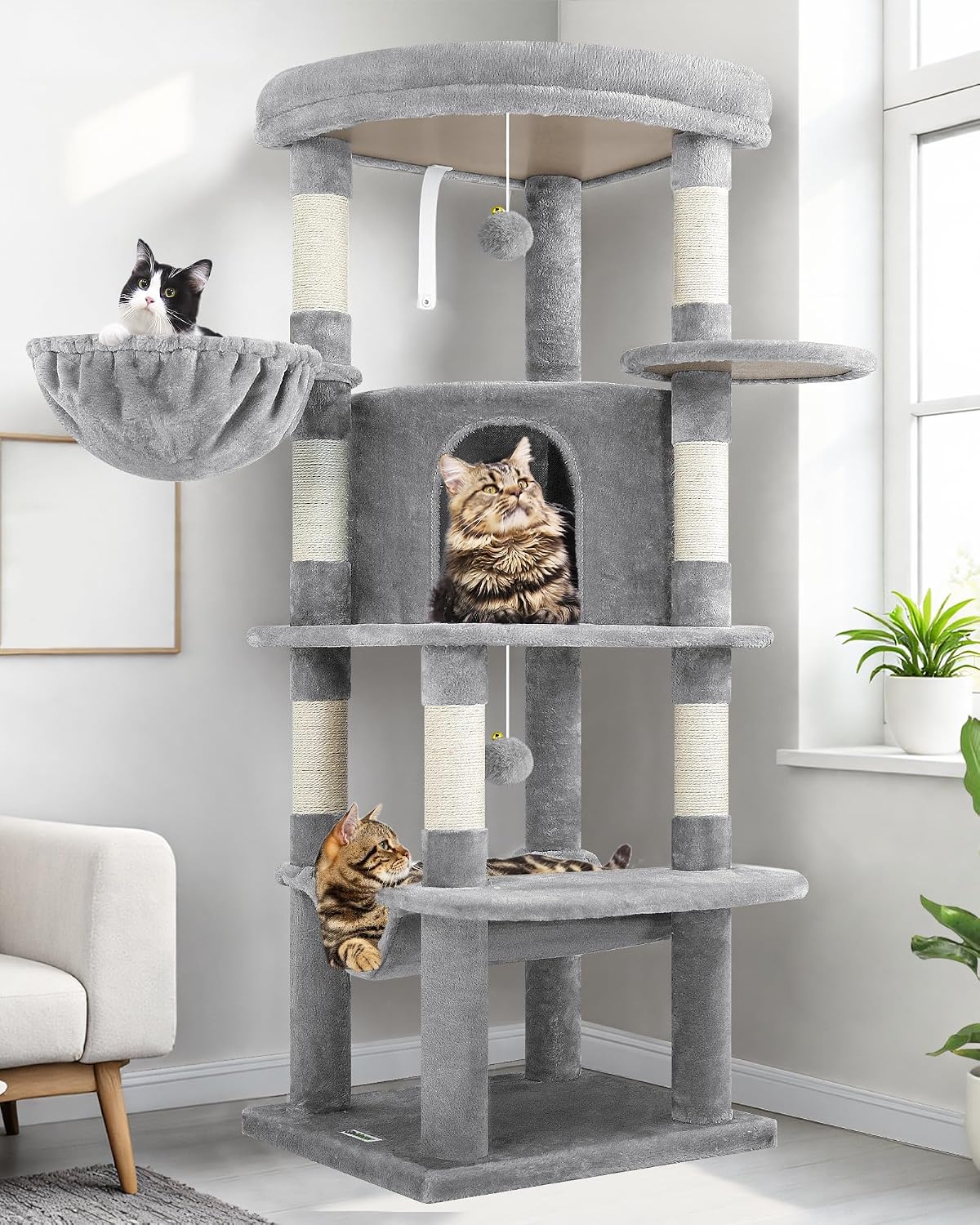 Cactus Corner Cat Tree Tower with Scratching Post for Indoor Cats, 51in Multi-Level Cat Condo Tower with Large Hammock, Fan-Shaped Padded Perch, Spacious Cat Cave, Hanging Basket, C51, Green