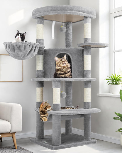 Cactus Corner Cat Tree Tower with Scratching Post for Indoor Cats, 51in Multi-Level Cat Condo Tower with Large Hammock, Fan-Shaped Padded Perch, Spacious Cat Cave, Hanging Basket, C51, Green