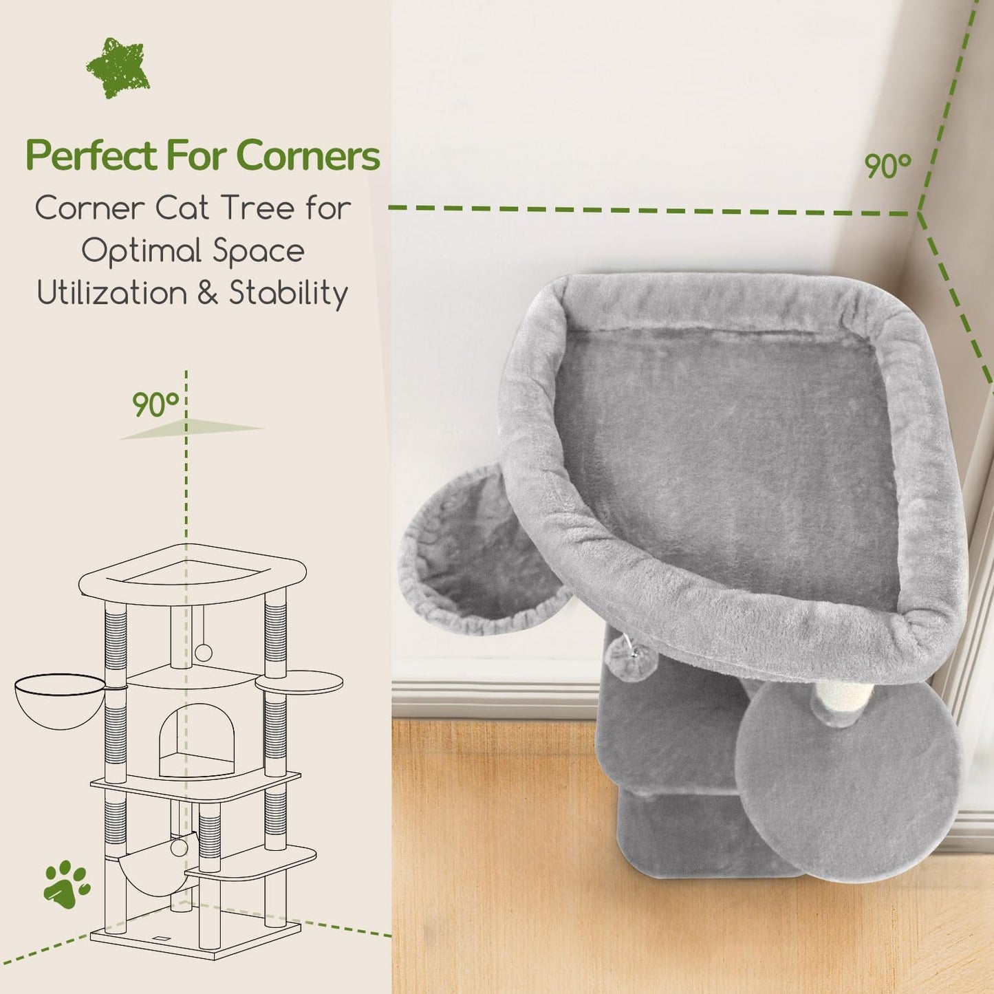 Cactus Corner Cat Tree Tower with Scratching Post for Indoor Cats, 51in Multi-Level Cat Condo Tower with Large Hammock, Fan-Shaped Padded Perch, Spacious Cat Cave, Hanging Basket, C51, Green