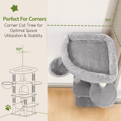 Cactus Corner Cat Tree Tower with Scratching Post for Indoor Cats, 51in Multi-Level Cat Condo Tower with Large Hammock, Fan-Shaped Padded Perch, Spacious Cat Cave, Hanging Basket, C51, Green