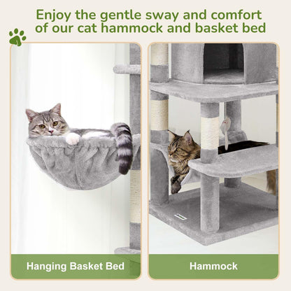 Cactus Corner Cat Tree Tower with Scratching Post for Indoor Cats, 51in Multi-Level Cat Condo Tower with Large Hammock, Fan-Shaped Padded Perch, Spacious Cat Cave, Hanging Basket, C51, Green