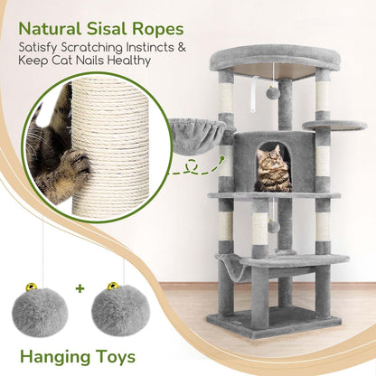 Cactus Corner Cat Tree Tower with Scratching Post for Indoor Cats, 51in Multi-Level Cat Condo Tower with Large Hammock, Fan-Shaped Padded Perch, Spacious Cat Cave, Hanging Basket, C51, Green