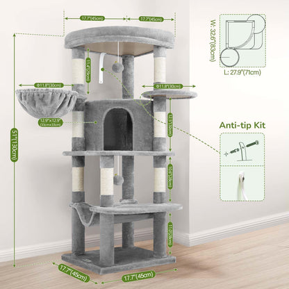 Cactus Corner Cat Tree Tower with Scratching Post for Indoor Cats, 51in Multi-Level Cat Condo Tower with Large Hammock, Fan-Shaped Padded Perch, Spacious Cat Cave, Hanging Basket, C51, Green