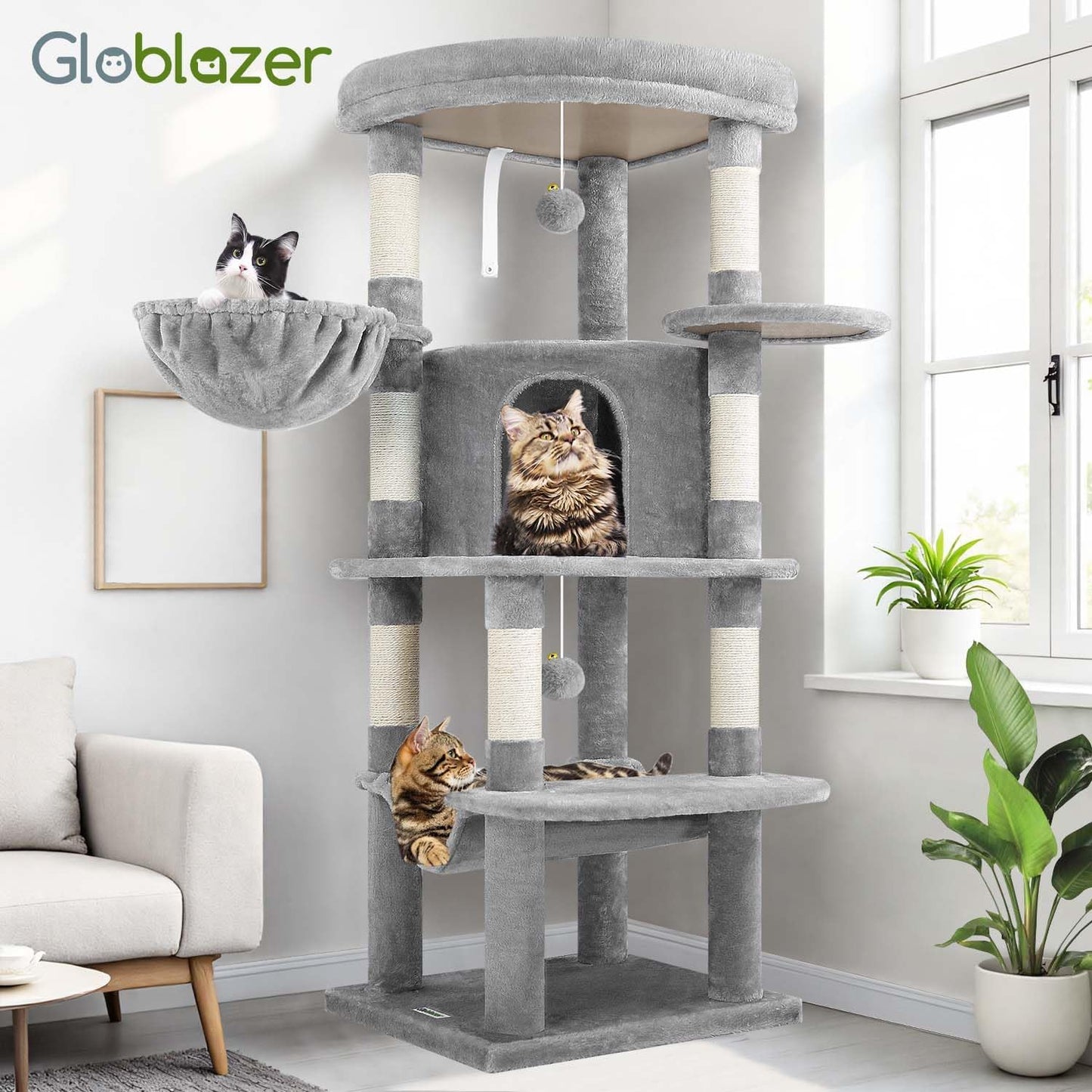 Cactus Corner Cat Tree Tower with Scratching Post for Indoor Cats, 51in Multi-Level Cat Condo Tower with Large Hammock, Fan-Shaped Padded Perch, Spacious Cat Cave, Hanging Basket, C51, Green