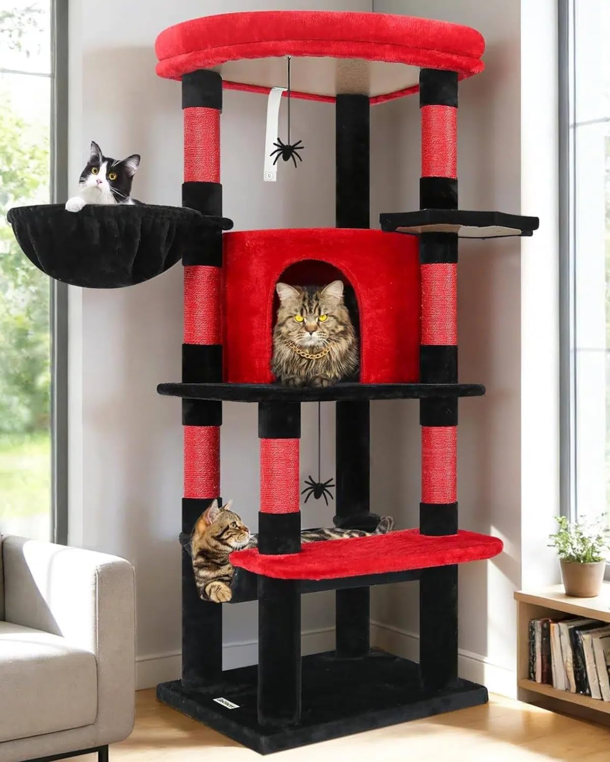 Cactus Corner Cat Tree Tower with Scratching Post for Indoor Cats, 51in Multi-Level Cat Condo Tower with Large Hammock, Fan-Shaped Padded Perch, Spacious Cat Cave, Hanging Basket, C51, Green