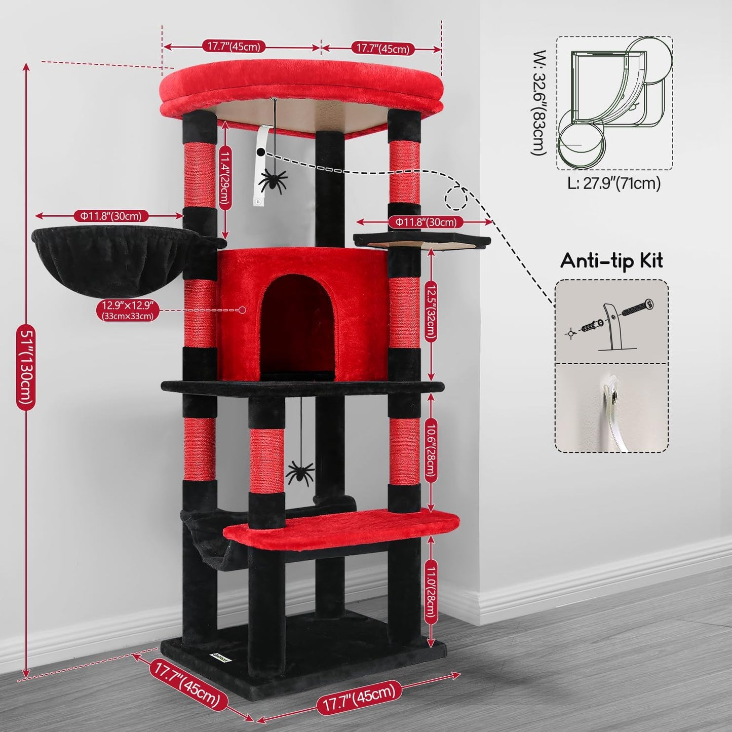 Cactus Corner Cat Tree Tower with Scratching Post for Indoor Cats, 51in Multi-Level Cat Condo Tower with Large Hammock, Fan-Shaped Padded Perch, Spacious Cat Cave, Hanging Basket, C51, Green