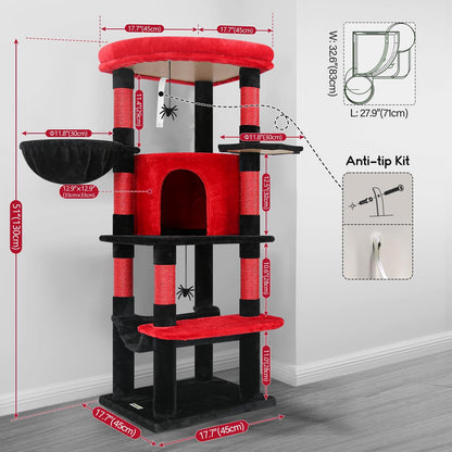 Cactus Corner Cat Tree Tower with Scratching Post for Indoor Cats, 51in Multi-Level Cat Condo Tower with Large Hammock, Fan-Shaped Padded Perch, Spacious Cat Cave, Hanging Basket, C51, Green