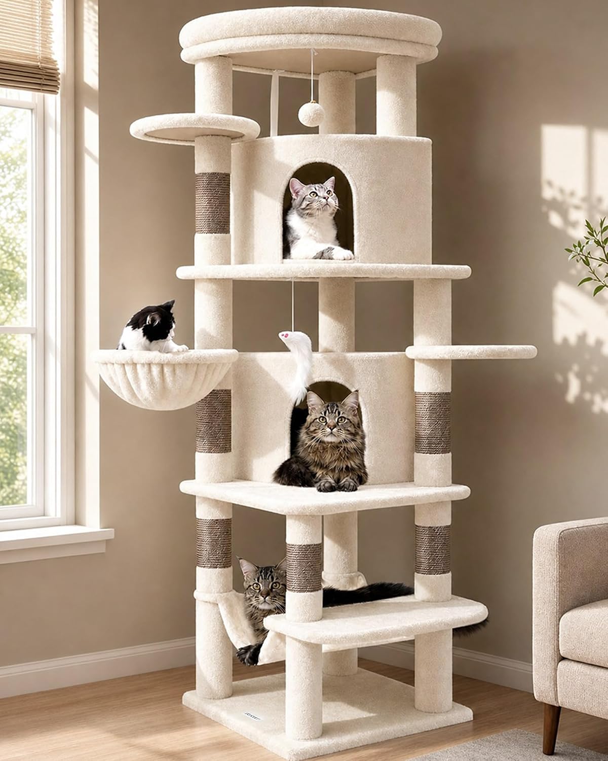 Cactus Corner Cat Tree Tower with Scratching Post for Indoor Cats, 51in Multi-Level Cat Condo Tower with Large Hammock, Fan-Shaped Padded Perch, Spacious Cat Cave, Hanging Basket, C51, Green
