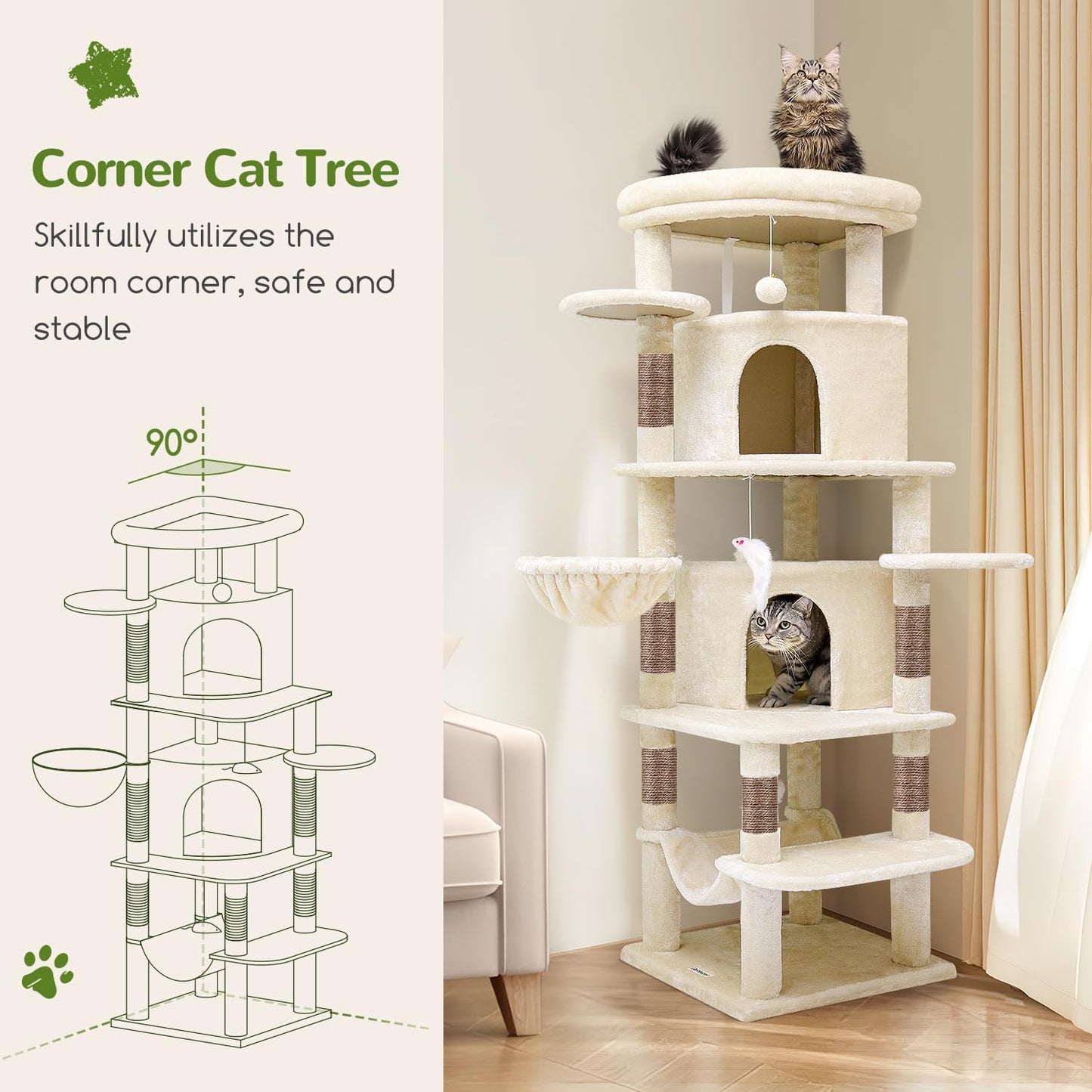 Cactus Corner Cat Tree Tower with Scratching Post for Indoor Cats, 51in Multi-Level Cat Condo Tower with Large Hammock, Fan-Shaped Padded Perch, Spacious Cat Cave, Hanging Basket, C51, Green