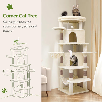 Cactus Corner Cat Tree Tower with Scratching Post for Indoor Cats, 51in Multi-Level Cat Condo Tower with Large Hammock, Fan-Shaped Padded Perch, Spacious Cat Cave, Hanging Basket, C51, Green