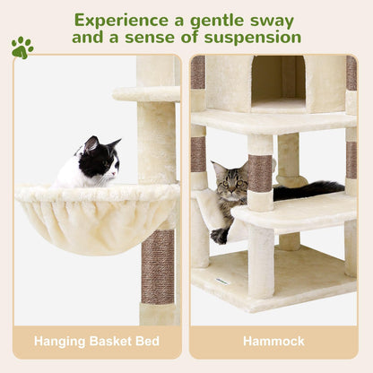 Cactus Corner Cat Tree Tower with Scratching Post for Indoor Cats, 51in Multi-Level Cat Condo Tower with Large Hammock, Fan-Shaped Padded Perch, Spacious Cat Cave, Hanging Basket, C51, Green