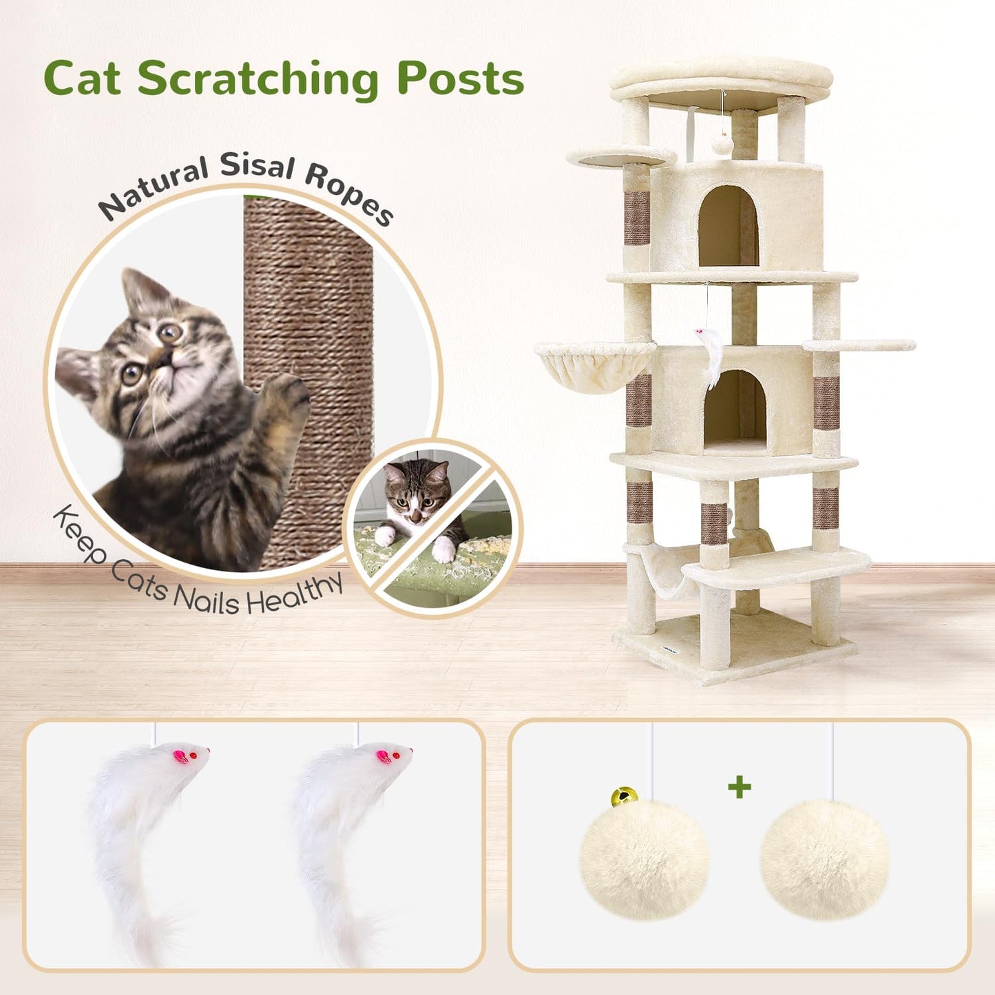 Cactus Corner Cat Tree Tower with Scratching Post for Indoor Cats, 51in Multi-Level Cat Condo Tower with Large Hammock, Fan-Shaped Padded Perch, Spacious Cat Cave, Hanging Basket, C51, Green