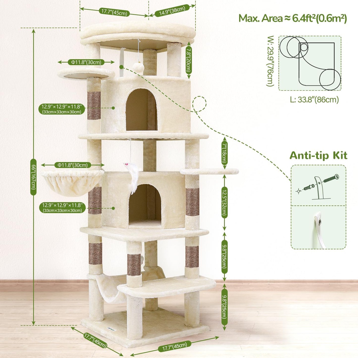 Cactus Corner Cat Tree Tower with Scratching Post for Indoor Cats, 51in Multi-Level Cat Condo Tower with Large Hammock, Fan-Shaped Padded Perch, Spacious Cat Cave, Hanging Basket, C51, Green