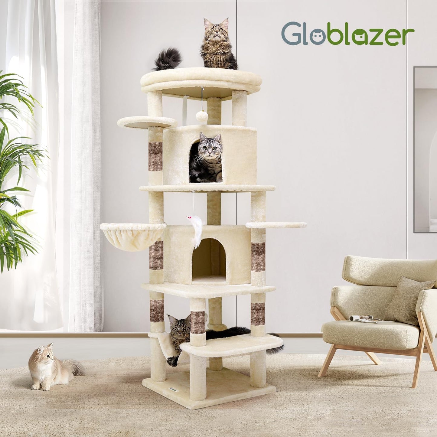 Cactus Corner Cat Tree Tower with Scratching Post for Indoor Cats, 51in Multi-Level Cat Condo Tower with Large Hammock, Fan-Shaped Padded Perch, Spacious Cat Cave, Hanging Basket, C51, Green