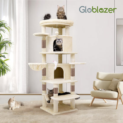 Cactus Corner Cat Tree Tower with Scratching Post for Indoor Cats, 51in Multi-Level Cat Condo Tower with Large Hammock, Fan-Shaped Padded Perch, Spacious Cat Cave, Hanging Basket, C51, Green