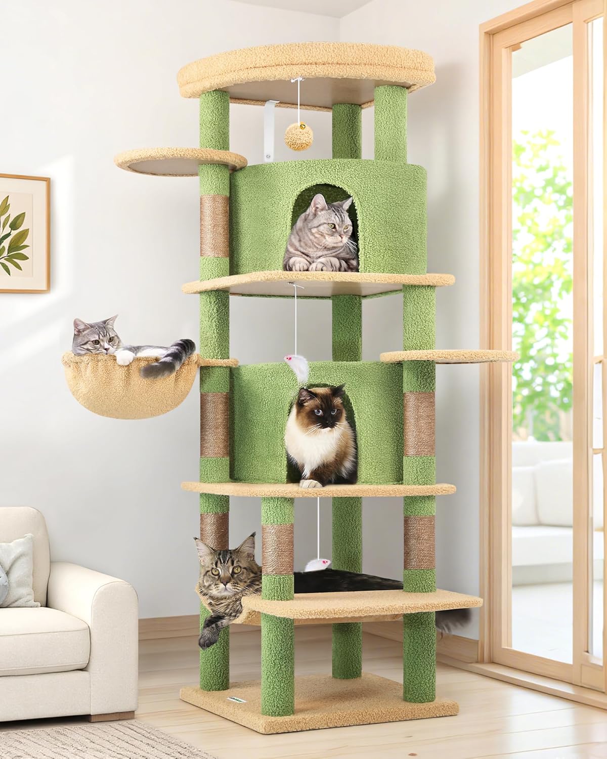 Cactus Corner Cat Tree Tower with Scratching Post for Indoor Cats, 51in Multi-Level Cat Condo Tower with Large Hammock, Fan-Shaped Padded Perch, Spacious Cat Cave, Hanging Basket, C51, Green