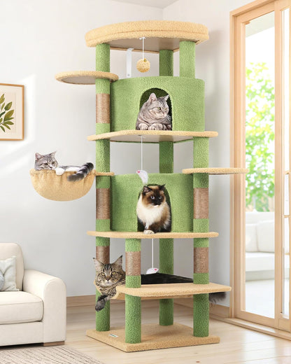 Cactus Corner Cat Tree Tower with Scratching Post for Indoor Cats, 51in Multi-Level Cat Condo Tower with Large Hammock, Fan-Shaped Padded Perch, Spacious Cat Cave, Hanging Basket, C51, Green