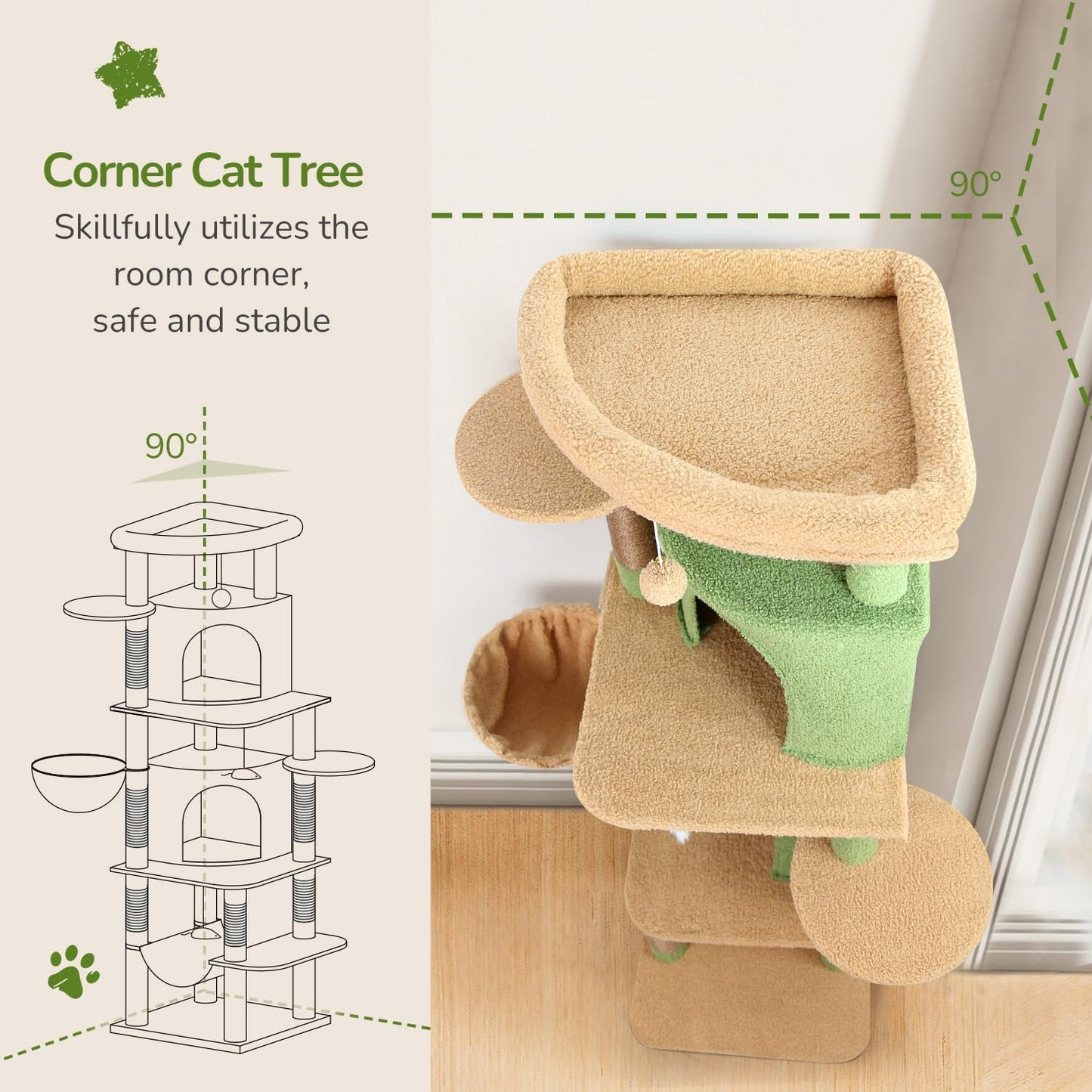 Cactus Corner Cat Tree Tower with Scratching Post for Indoor Cats, 51in Multi-Level Cat Condo Tower with Large Hammock, Fan-Shaped Padded Perch, Spacious Cat Cave, Hanging Basket, C51, Green