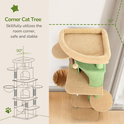 Cactus Corner Cat Tree Tower with Scratching Post for Indoor Cats, 51in Multi-Level Cat Condo Tower with Large Hammock, Fan-Shaped Padded Perch, Spacious Cat Cave, Hanging Basket, C51, Green