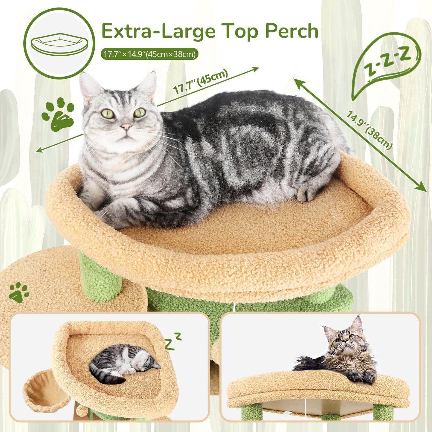 Cactus Corner Cat Tree Tower with Scratching Post for Indoor Cats, 51in Multi-Level Cat Condo Tower with Large Hammock, Fan-Shaped Padded Perch, Spacious Cat Cave, Hanging Basket, C51, Green