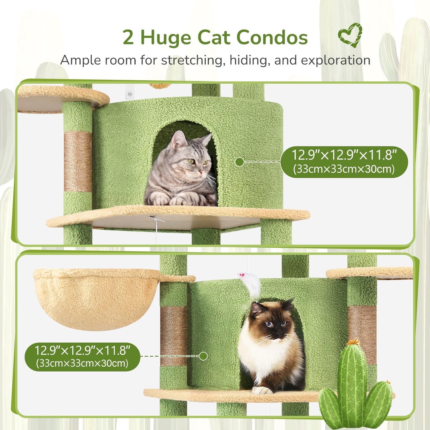 Cactus Corner Cat Tree Tower with Scratching Post for Indoor Cats, 51in Multi-Level Cat Condo Tower with Large Hammock, Fan-Shaped Padded Perch, Spacious Cat Cave, Hanging Basket, C51, Green