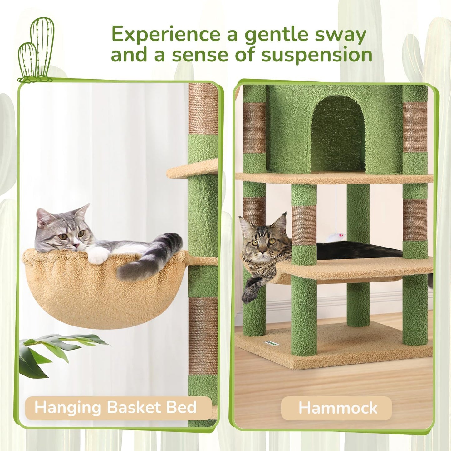 Cactus Corner Cat Tree Tower with Scratching Post for Indoor Cats, 51in Multi-Level Cat Condo Tower with Large Hammock, Fan-Shaped Padded Perch, Spacious Cat Cave, Hanging Basket, C51, Green