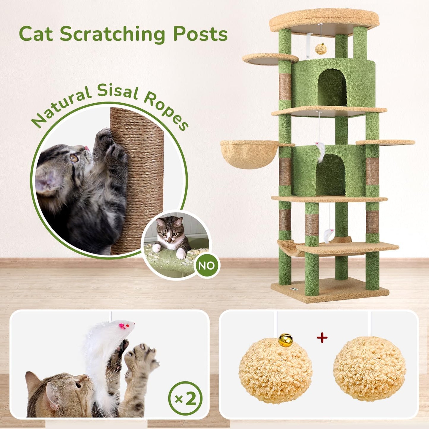 Cactus Corner Cat Tree Tower with Scratching Post for Indoor Cats, 51in Multi-Level Cat Condo Tower with Large Hammock, Fan-Shaped Padded Perch, Spacious Cat Cave, Hanging Basket, C51, Green