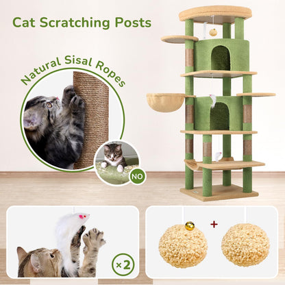 Cactus Corner Cat Tree Tower with Scratching Post for Indoor Cats, 51in Multi-Level Cat Condo Tower with Large Hammock, Fan-Shaped Padded Perch, Spacious Cat Cave, Hanging Basket, C51, Green