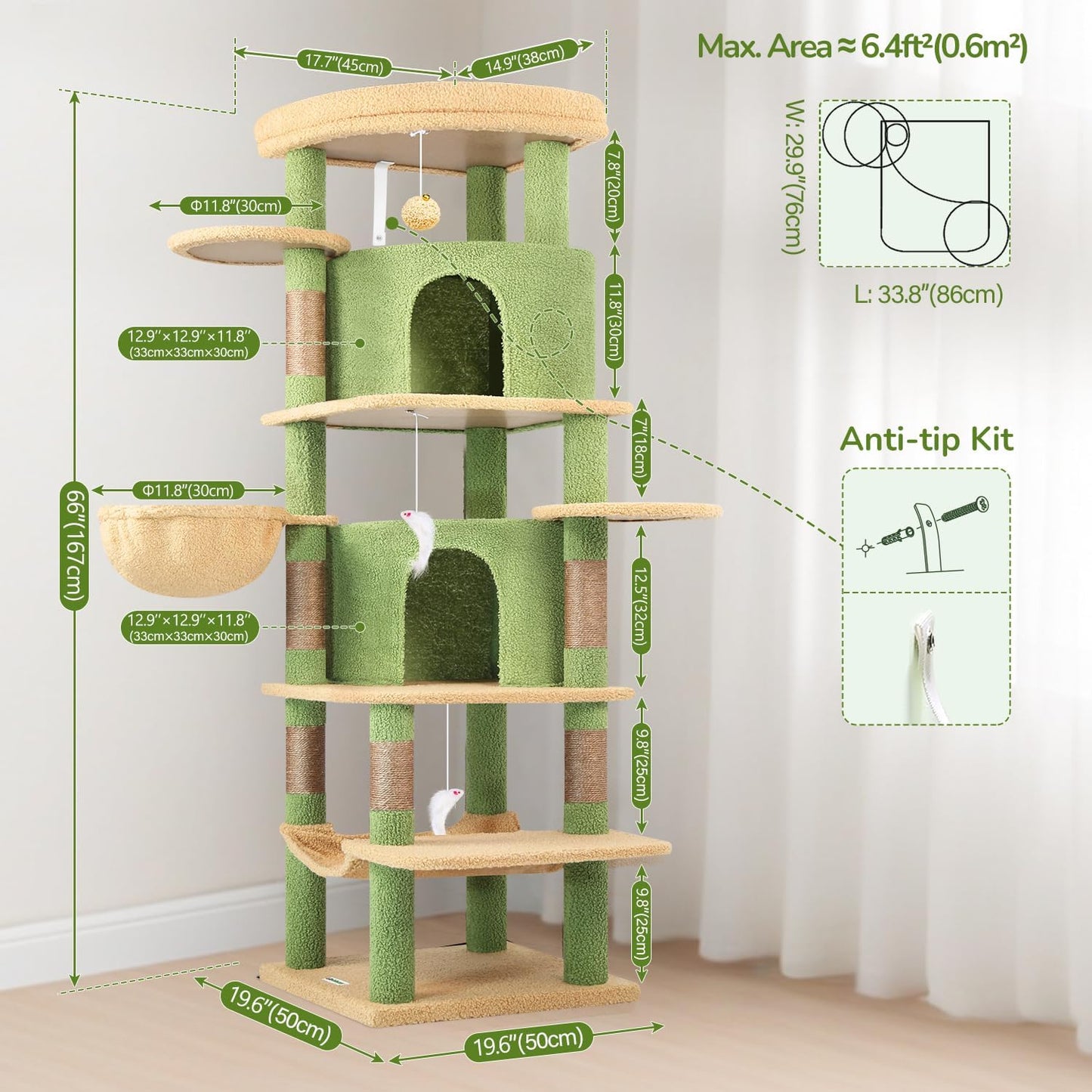 Cactus Corner Cat Tree Tower with Scratching Post for Indoor Cats, 51in Multi-Level Cat Condo Tower with Large Hammock, Fan-Shaped Padded Perch, Spacious Cat Cave, Hanging Basket, C51, Green