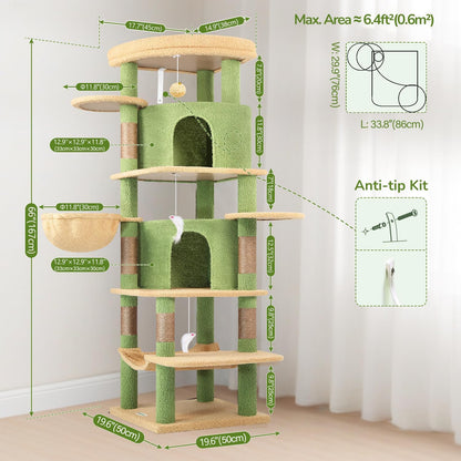 Cactus Corner Cat Tree Tower with Scratching Post for Indoor Cats, 51in Multi-Level Cat Condo Tower with Large Hammock, Fan-Shaped Padded Perch, Spacious Cat Cave, Hanging Basket, C51, Green