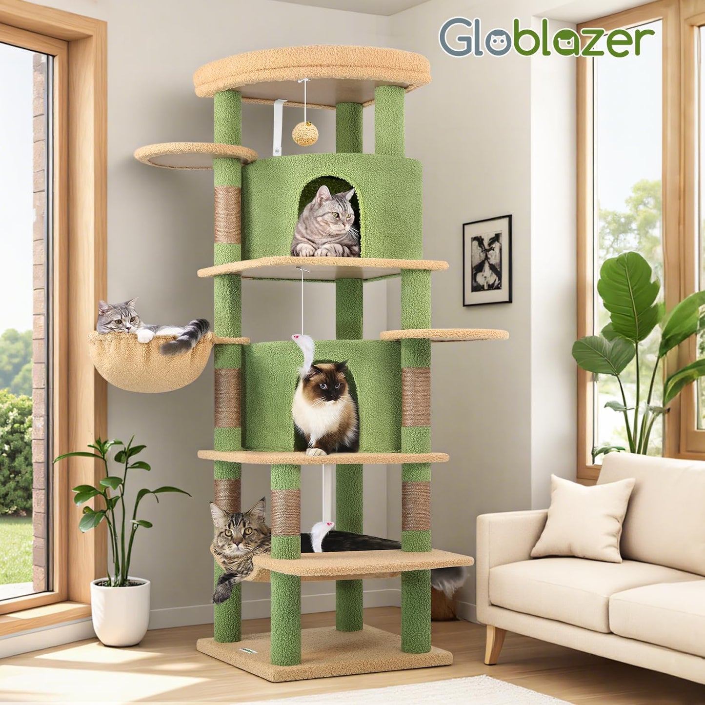 Cactus Corner Cat Tree Tower with Scratching Post for Indoor Cats, 51in Multi-Level Cat Condo Tower with Large Hammock, Fan-Shaped Padded Perch, Spacious Cat Cave, Hanging Basket, C51, Green