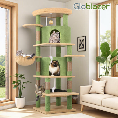 Cactus Corner Cat Tree Tower with Scratching Post for Indoor Cats, 51in Multi-Level Cat Condo Tower with Large Hammock, Fan-Shaped Padded Perch, Spacious Cat Cave, Hanging Basket, C51, Green