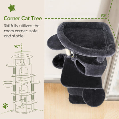 Cactus Corner Cat Tree Tower with Scratching Post for Indoor Cats, 51in Multi-Level Cat Condo Tower with Large Hammock, Fan-Shaped Padded Perch, Spacious Cat Cave, Hanging Basket, C51, Green