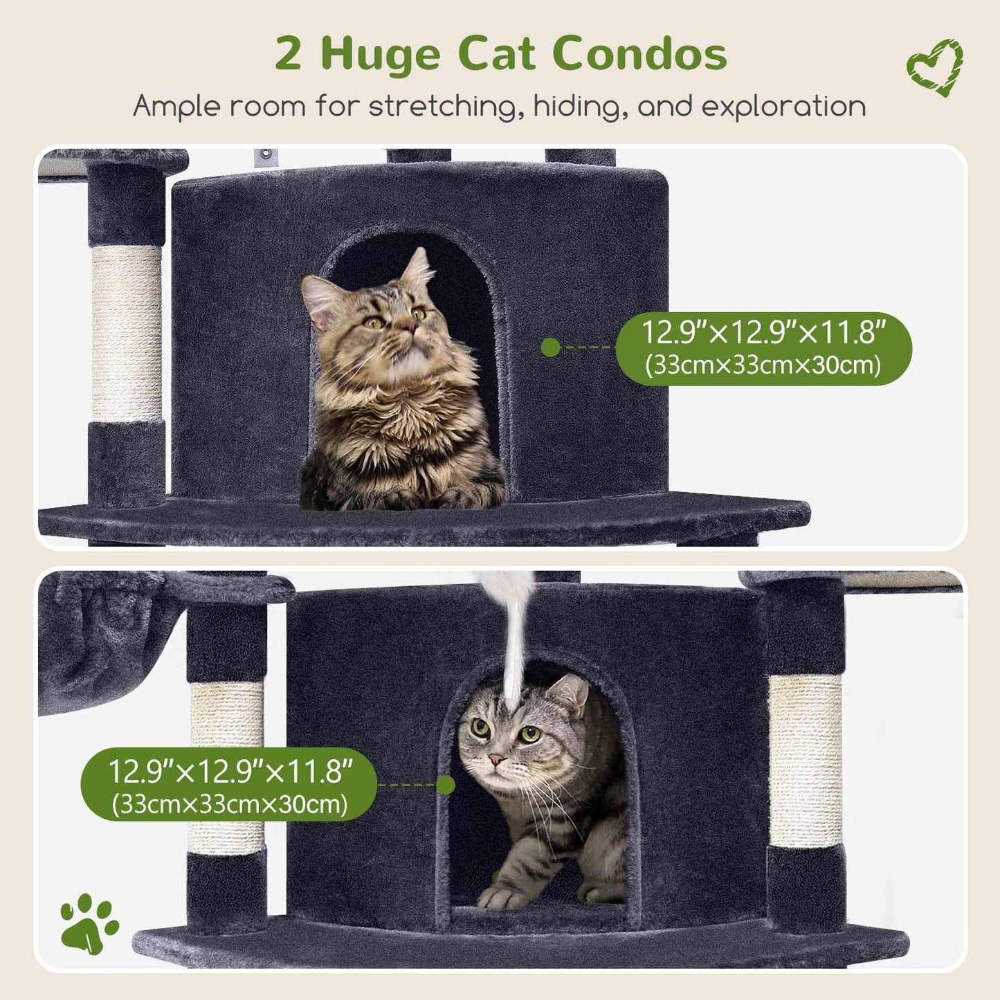 Cactus Corner Cat Tree Tower with Scratching Post for Indoor Cats, 51in Multi-Level Cat Condo Tower with Large Hammock, Fan-Shaped Padded Perch, Spacious Cat Cave, Hanging Basket, C51, Green