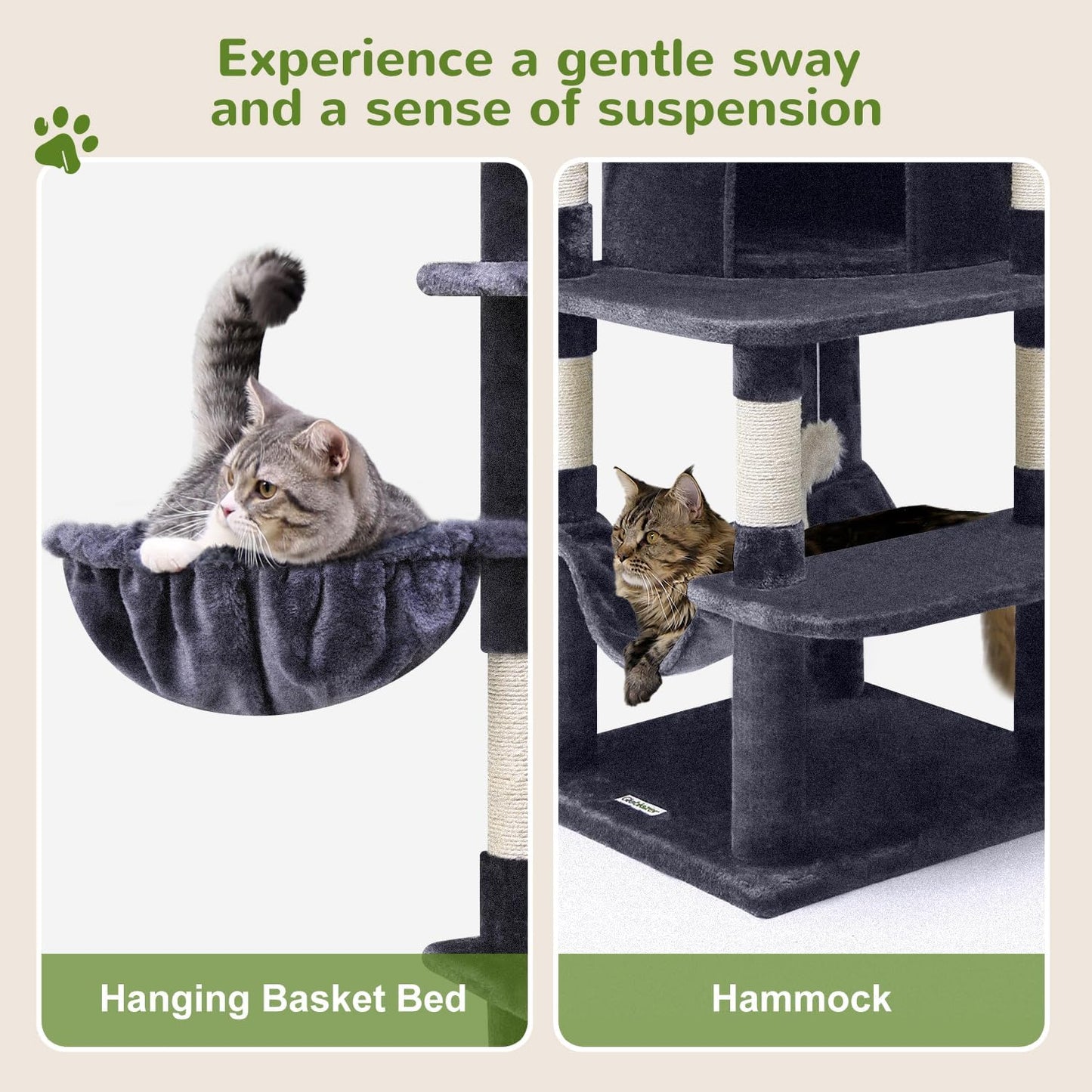 Cactus Corner Cat Tree Tower with Scratching Post for Indoor Cats, 51in Multi-Level Cat Condo Tower with Large Hammock, Fan-Shaped Padded Perch, Spacious Cat Cave, Hanging Basket, C51, Green