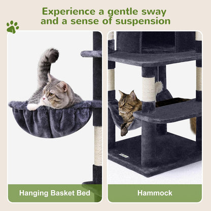 Cactus Corner Cat Tree Tower with Scratching Post for Indoor Cats, 51in Multi-Level Cat Condo Tower with Large Hammock, Fan-Shaped Padded Perch, Spacious Cat Cave, Hanging Basket, C51, Green