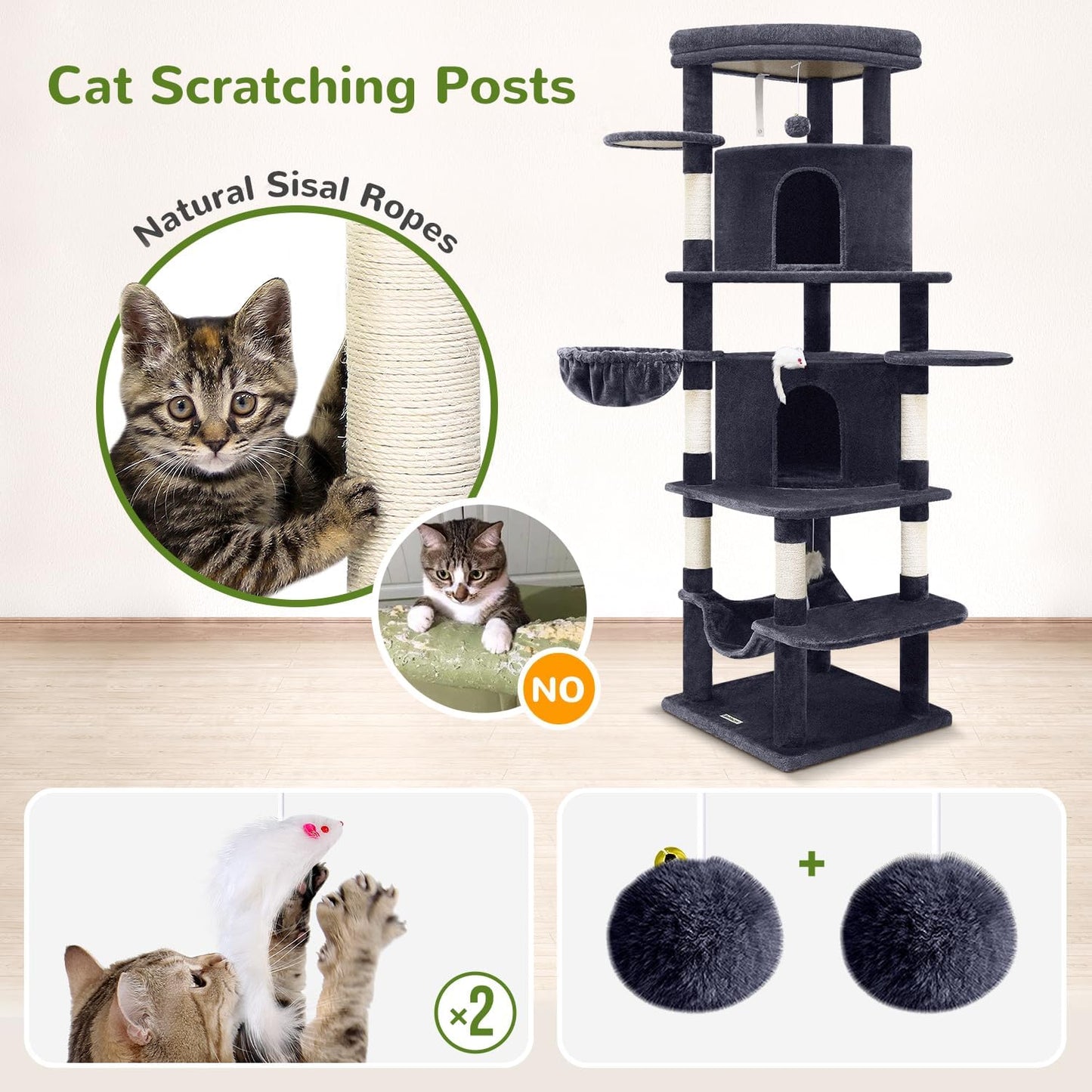 Cactus Corner Cat Tree Tower with Scratching Post for Indoor Cats, 51in Multi-Level Cat Condo Tower with Large Hammock, Fan-Shaped Padded Perch, Spacious Cat Cave, Hanging Basket, C51, Green